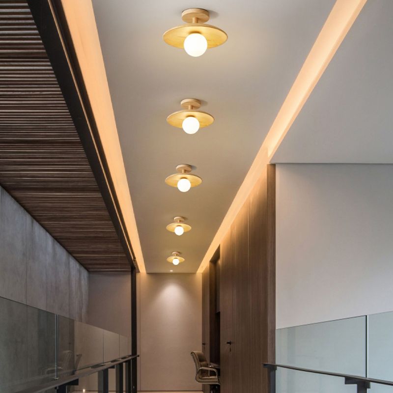 1-Light Ceiling Light Wooden Ceiling Mount Light with Glass Shade for Bedroom