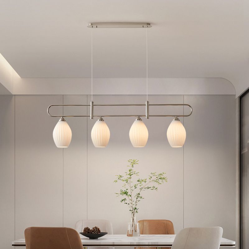 Drum Shape Glass Island Chandelier Modern Style Multi Lights Island Ceiling Light in White