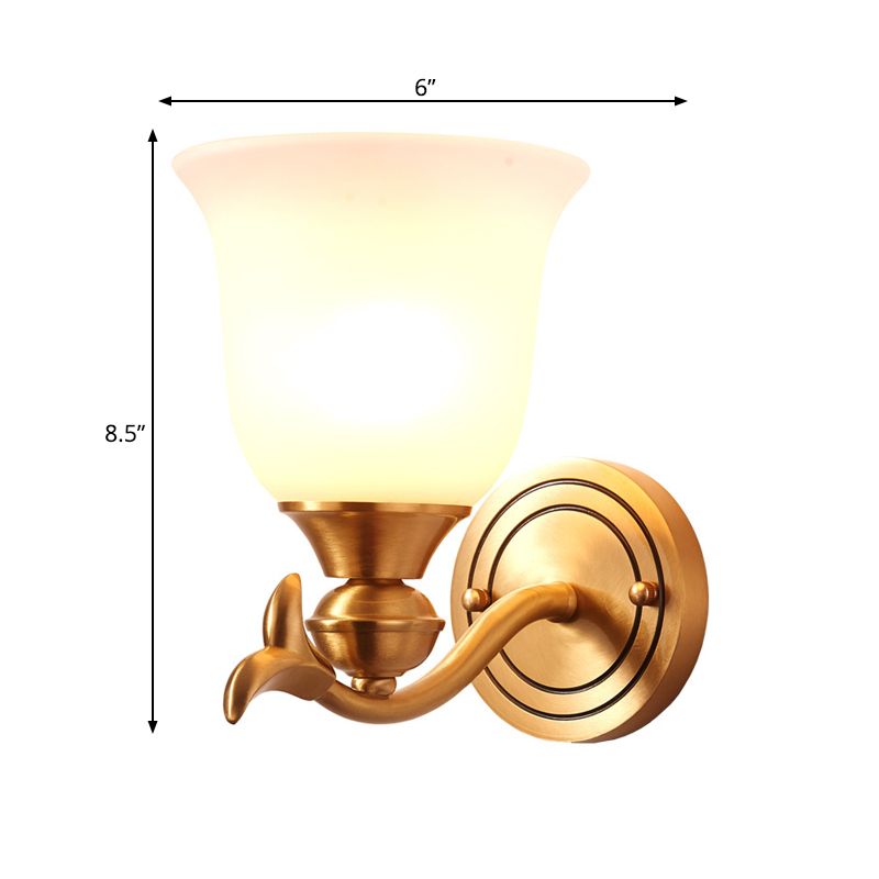 Brass Finish 1/2-Head Wall Lamp Modern Stylish White Glass Flared Shade Wall Sconce Fixture for Bedroom