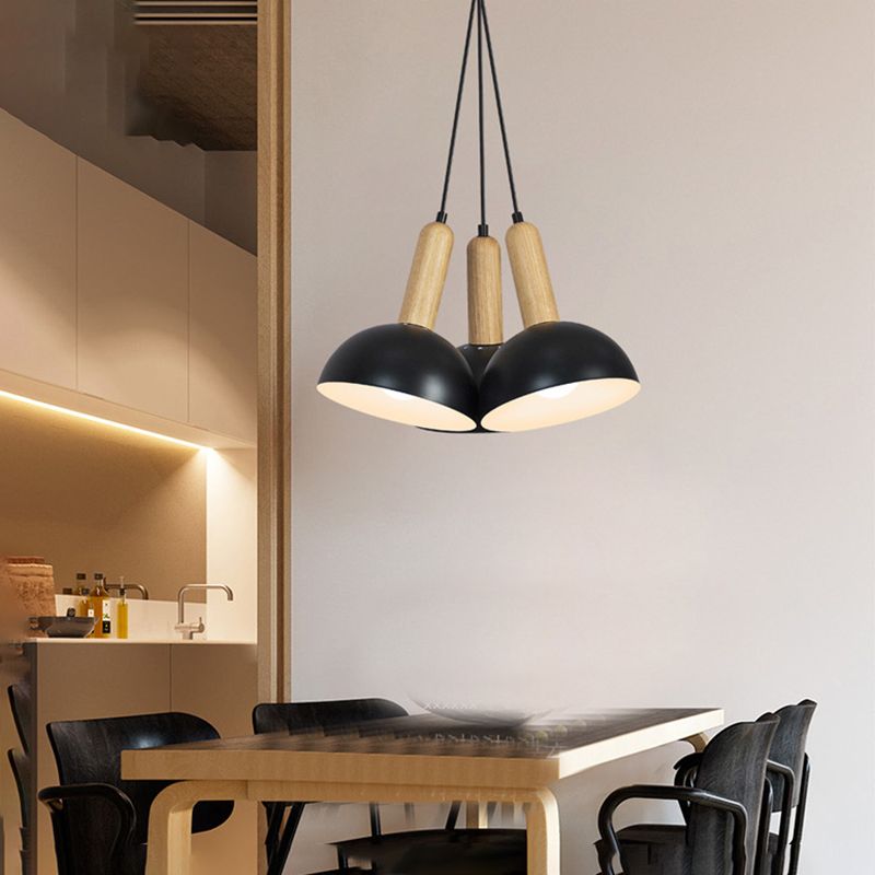 Metal Domed Hanging Chandelier Industrial 3-Light Dining Room Pendant Light with Wood
