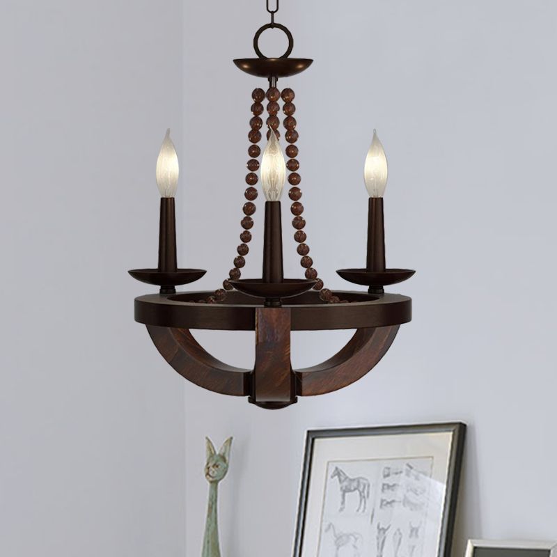 Luz de araña del imperio de bulbo marrón abierto estilo tradicional 3 cabezas de madera lámpara colgante con cuentas deco