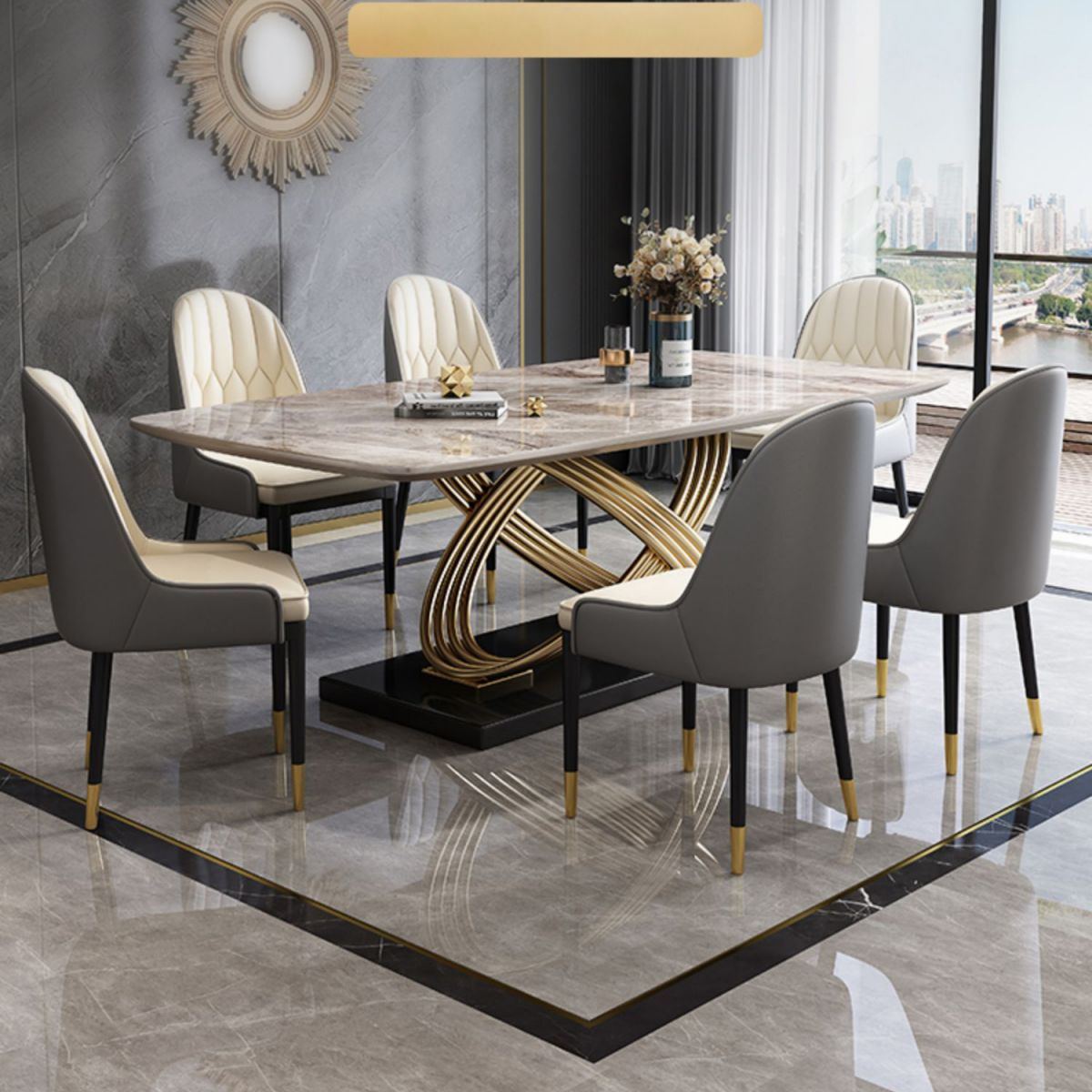 Fixed Contemporary Sintered Stone Kitchen Table Set with Pedestal Base Furniture for Home