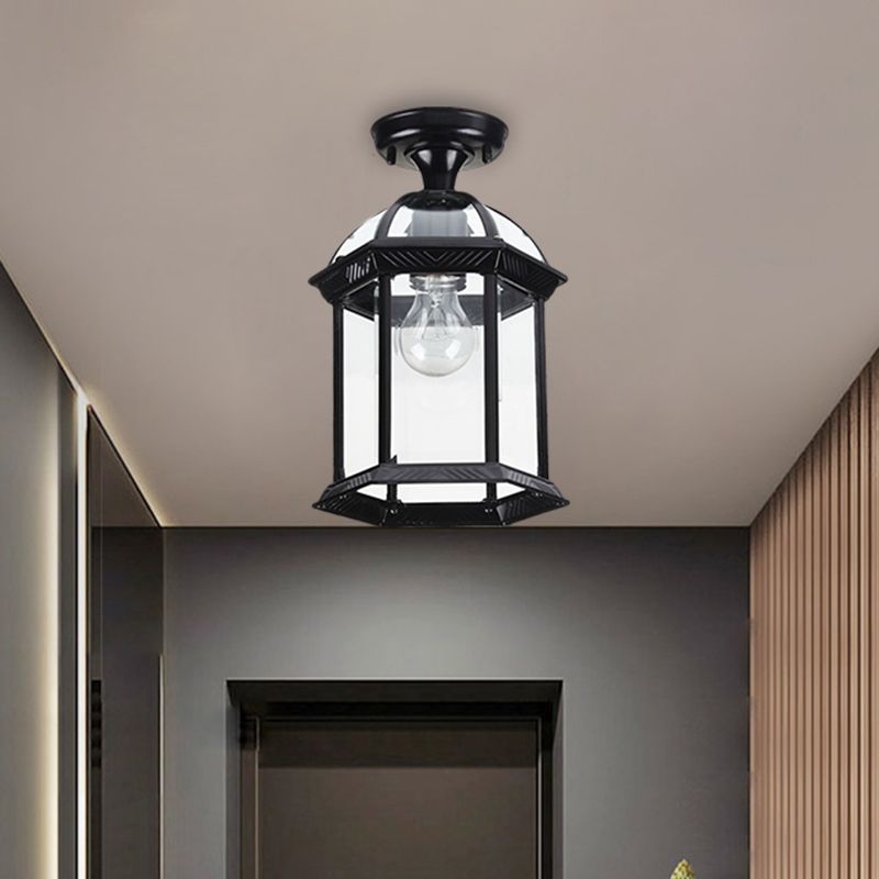Lanterne de plafond en verre transparent noir/laiton, éclairage semi-montage traditionnel à ampoule unique, 8"/9,5" de large