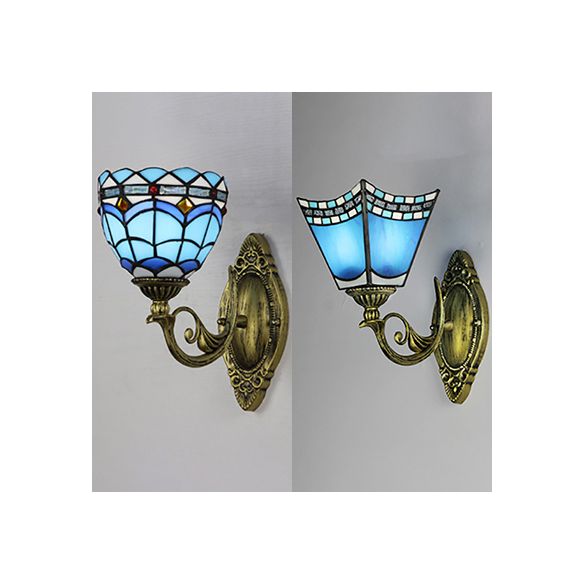 Nautical Wall Sconce with Dome/Swallow-Tail Shape Stained Glass 1 Light Wall Mount Light in Blue