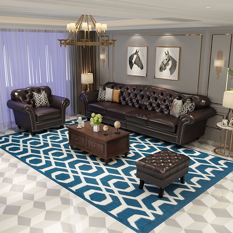 Traditional Living Room Brown Sofa 4-seat Genuine Leather Seating