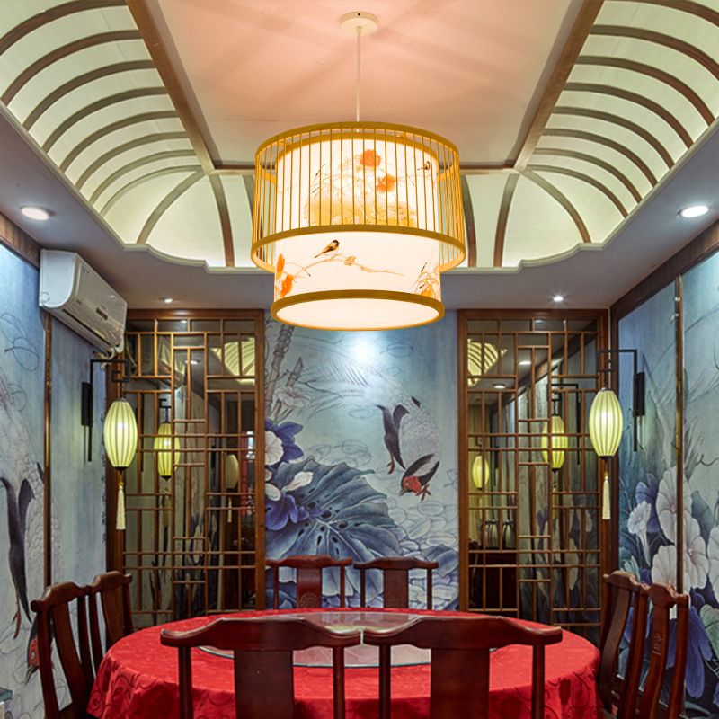 1 Light Cylindrical Hanging Light Fixtures Chinese Bamboo Hanging Pendant Lights for Restaurant