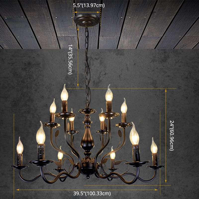 2-Layers Living Room Large Chandelier Traditional Style Candlestick Styling Wrought Iron Lighting Fixture in Black
