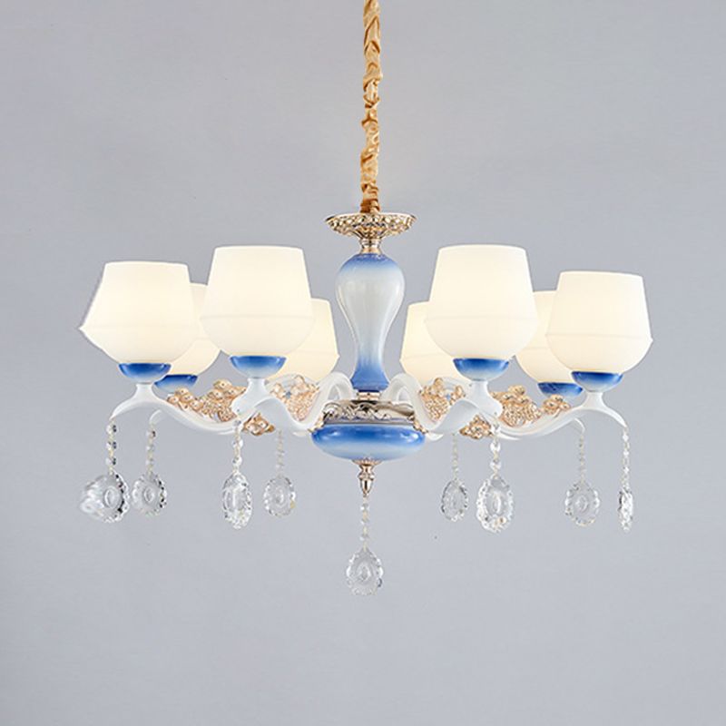 Moderne taps toelopende hangers kroonluchter 8 bollen ivoorglas kristal suspensie licht in blauw en wit