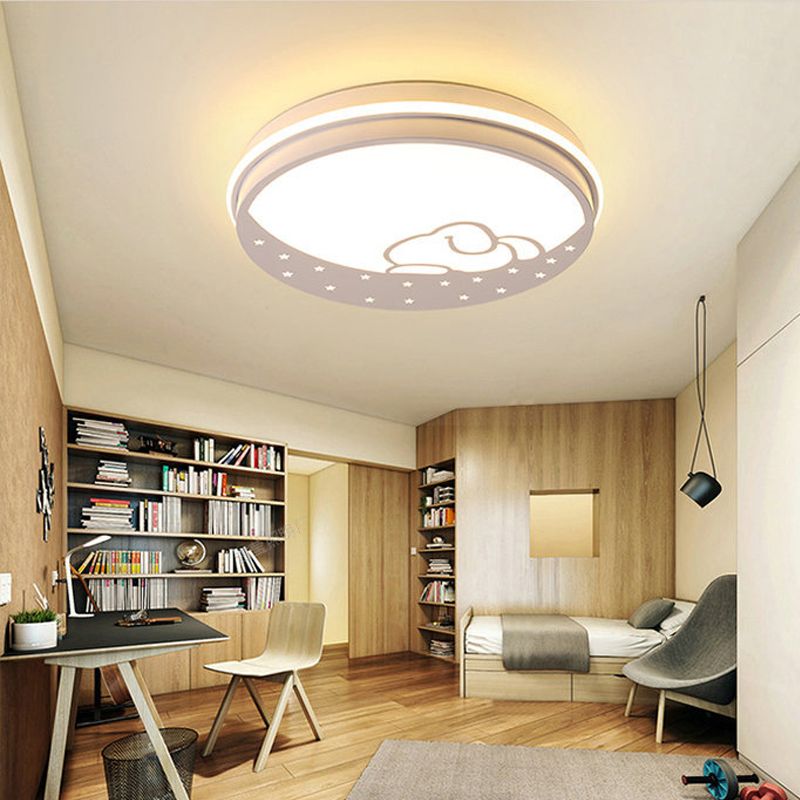 Lovely Circle LED Flush Ceiling Light with Moon & Rabbit Metal Whit Ceiling Lamp for Kindergarten