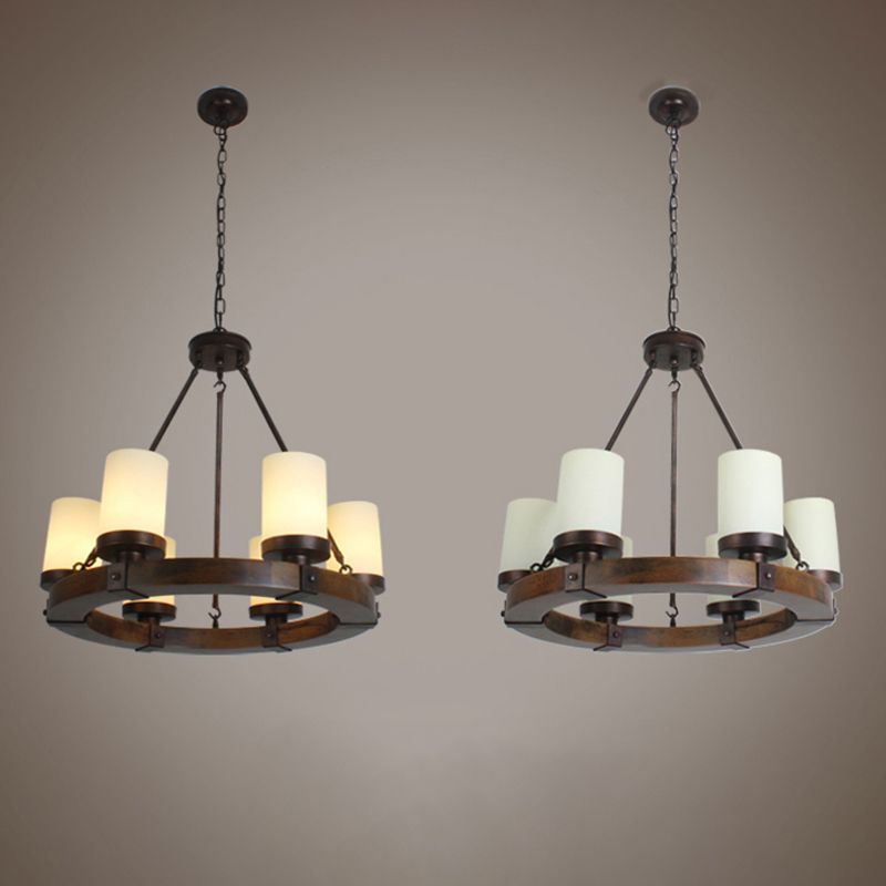 Round Solid Wood Rustic Style Chandelier Cylindrical White Glass Shade Dining Room Lighting Fixture