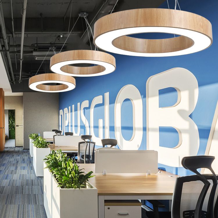 Illuminazione a sospensione circolare in stile nordico finitura in legno da ufficio in metallo luce a sospensione