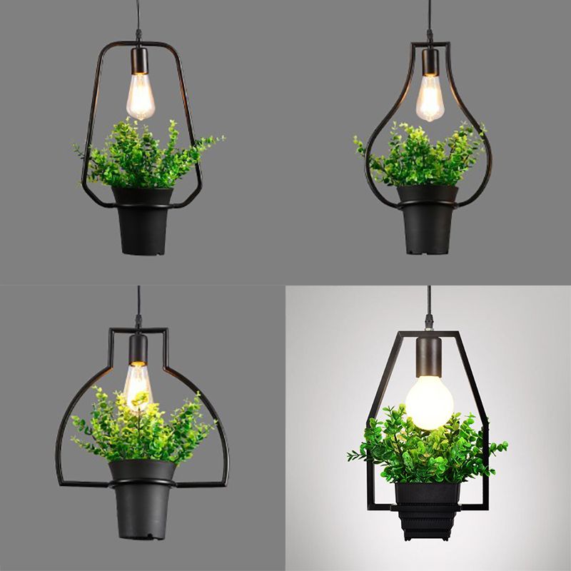 1 Light Planter and Frame Hanging Light Industrial Style Black Finish Metal Pendant Lamp for Balcony