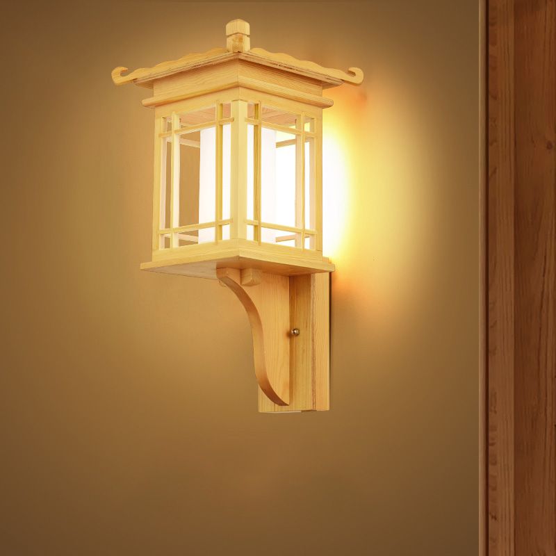 Houten huis muur sconce verlichte armatuur Aziatische stijl enkele bol beige wandlamp armatuur voor restaurant