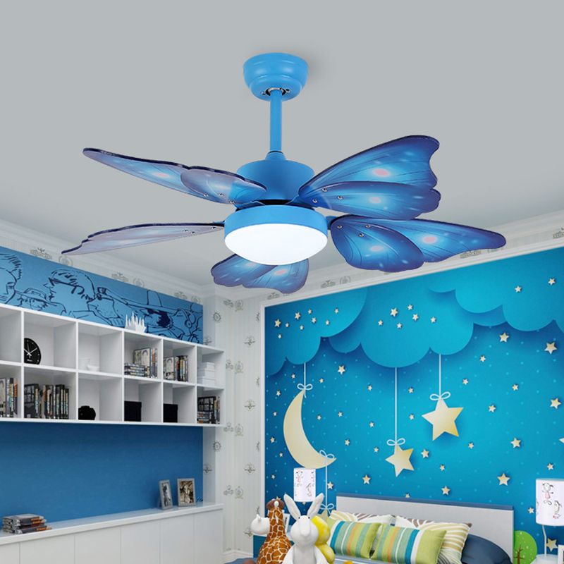 LED ACRYLIC SEMI FLUSH MOUNT Kids Pink/Blue 5 Butterfly Blades Bedroom Luz de ventilador colgante con pared/control remoto, 42 "de ancho
