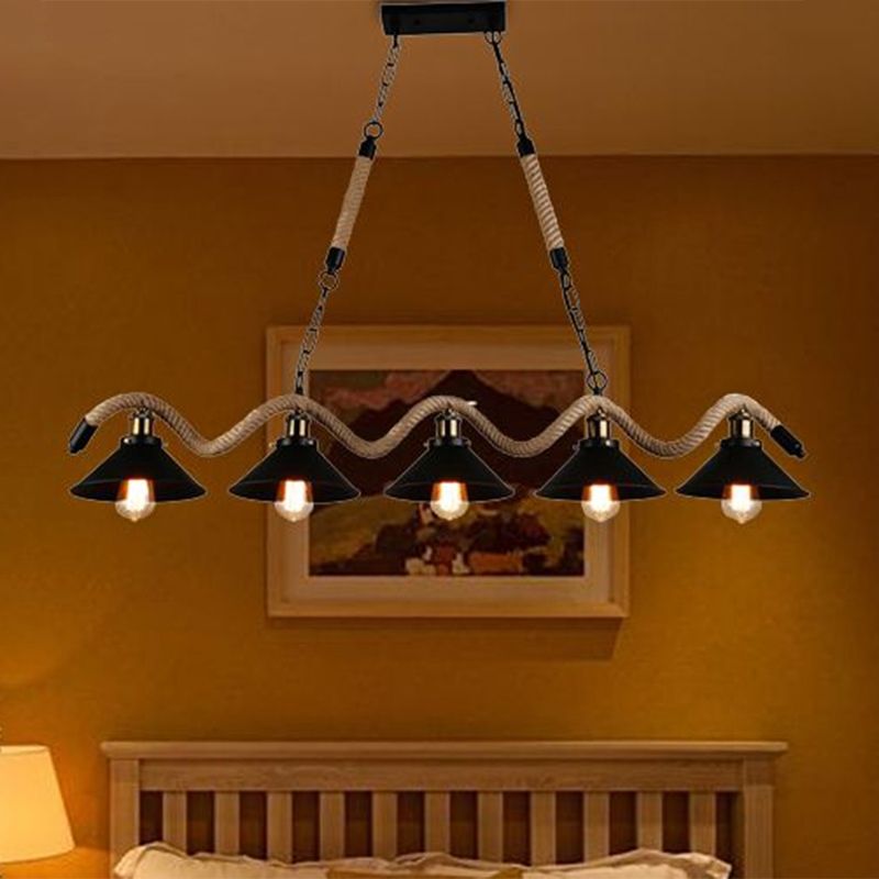 Farmhouse Style Conic Island Lamp 3/5 Bulbs Metal and Rope Pendant Light with Wavy Design in Black