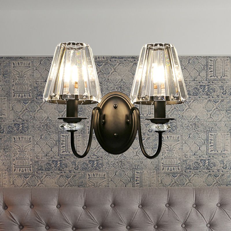 Lampada con pala prisma di cristallo chiaro modernista 2 luci nere finitura da parete con ombra cono e braccio a collo di allevamento