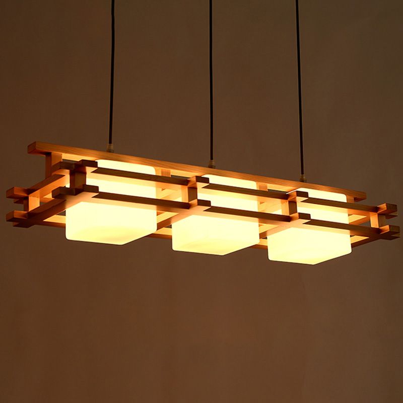 Cube Restaurant Island Light Fixture Blown Glass 3 Bulbs Japanese Ceiling Pendant Light in Wood