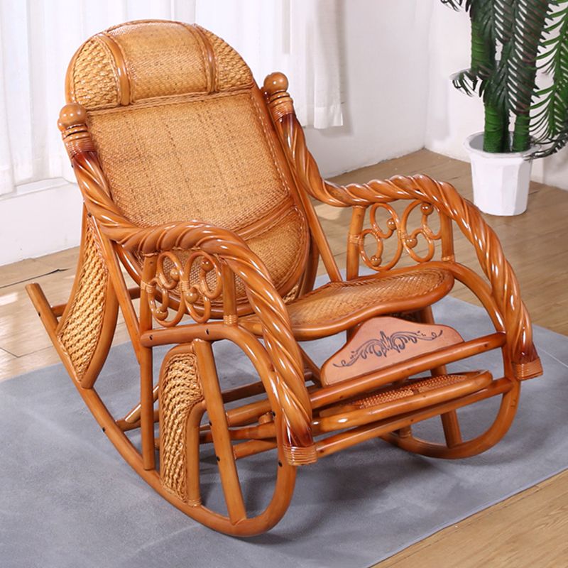 Traditional Rocking Chair Rattan Frame Spindle Backrest Solid Color Indoor Rocking Chair
