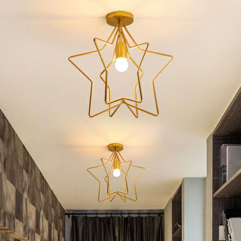 Industrial Star Semi Flush Mount Single Iron Flushmount Ceiling Light in Gold for Corridor