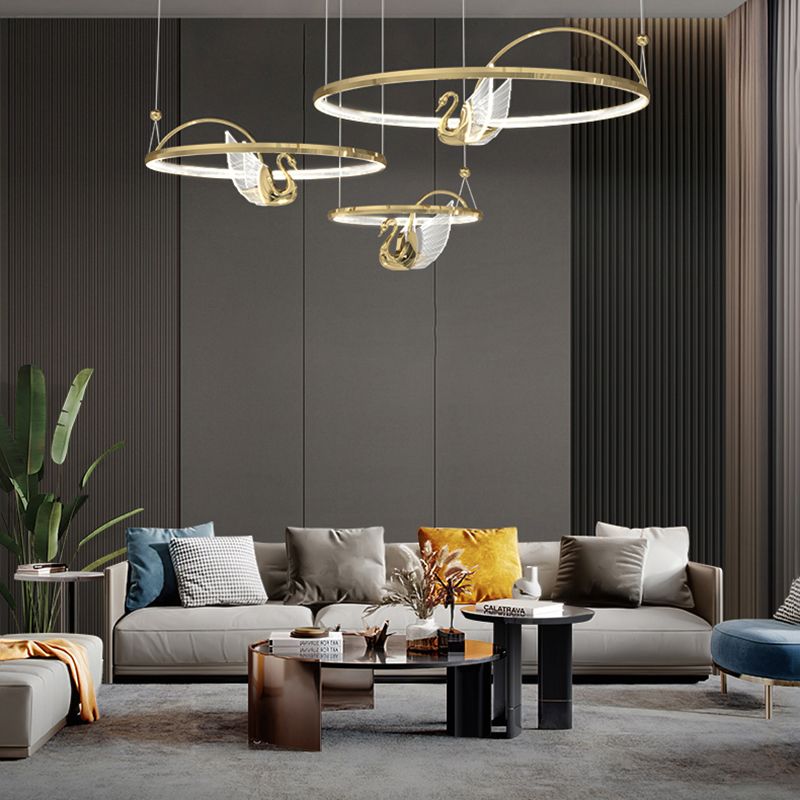 Gold Swan Suspension Light Minimalist Metal LED Chandelier for Living Room