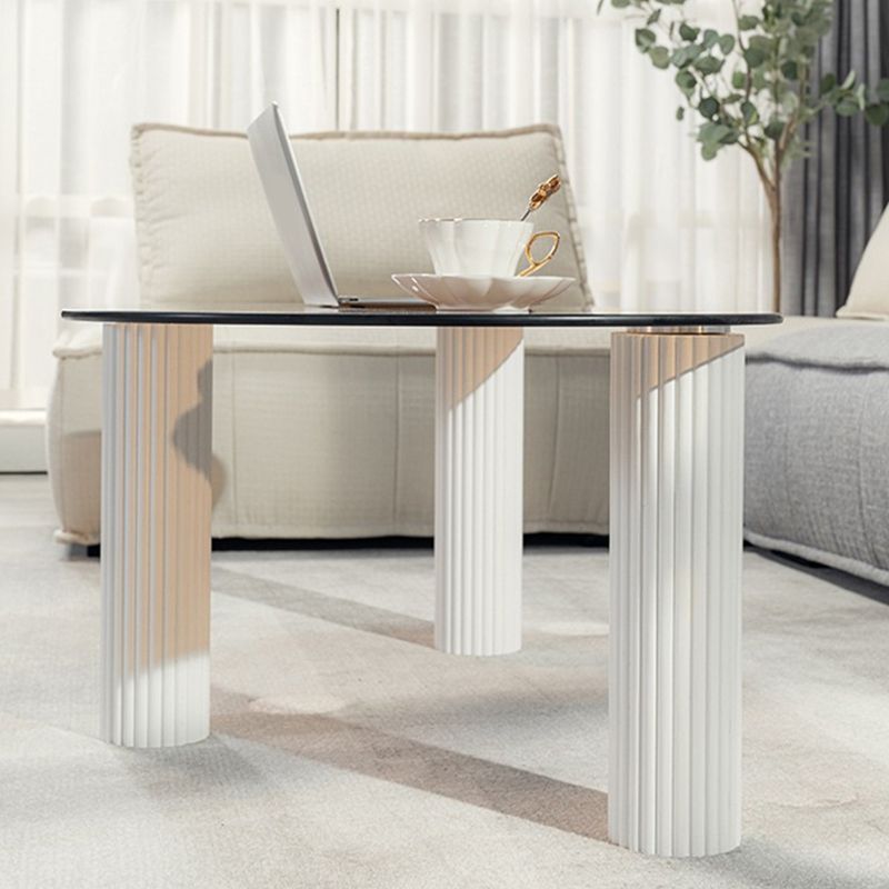 Contemporary Oval Glass Top Coffee Table with 3 Wooden Legs Cocktail Table