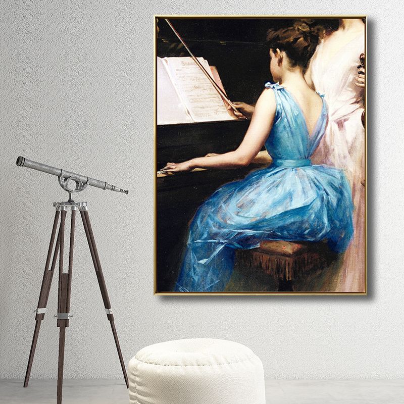 Leinwanddruck mit Musik im Vintage-Stil, Mädchen spielt Klavier, blaue Wanddekoration für Schlafzimmer, verschiedene Größen