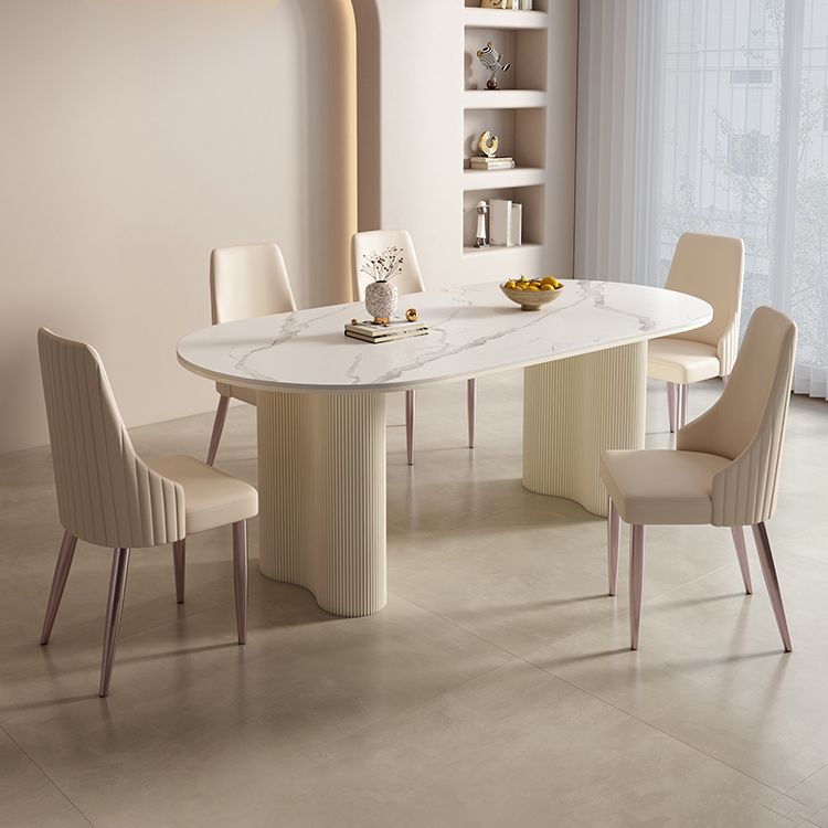 Modern Linen White Finish Oval Stone Top Dining Table with Double Pedestal Base