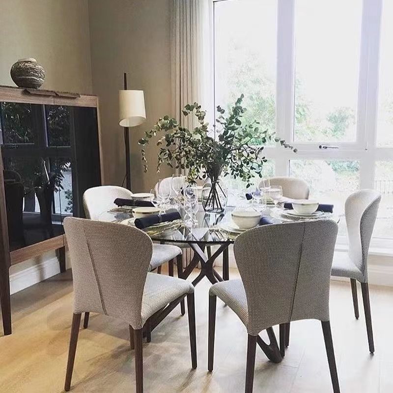 Modern Round Glass Desktop Dining Table Walnut Base for Dining Room