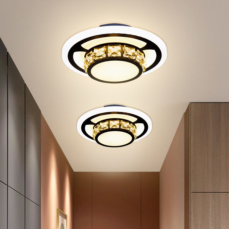 Round/Square Crystal Block Flush Mount Simplicity LED Black Close to Ceiling Lighting for Doorway