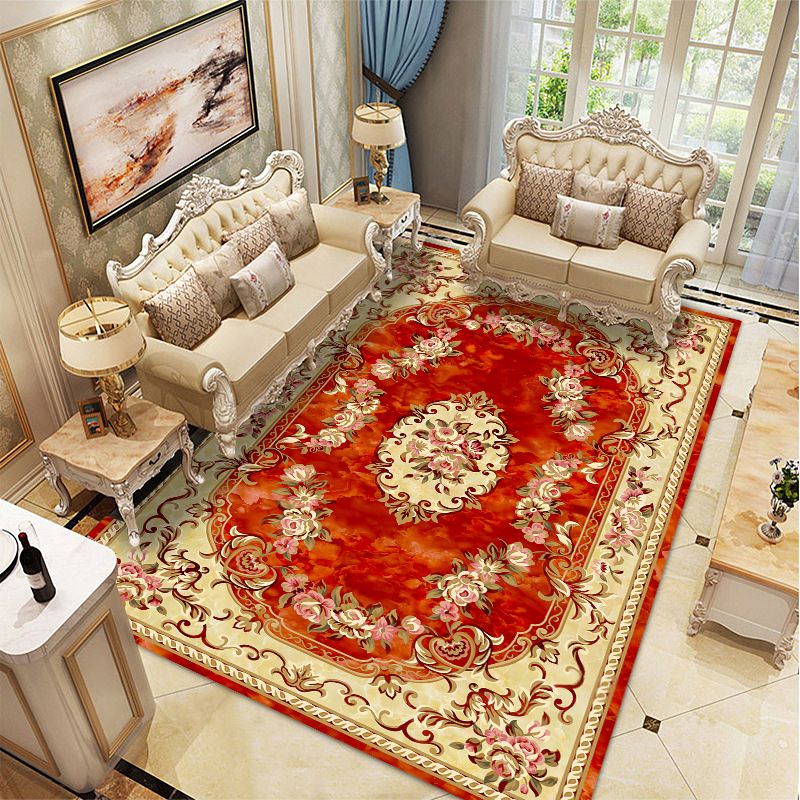 Wine Red Vintage Rug Polyester Medallion Rug Washable Rug for Drawing Room