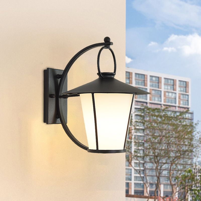 Conical Opal Glass Wall Mount Light Vintage 1-Head Courtyard Wall Lighting Ideas with Arc Arm in Black/Brass
