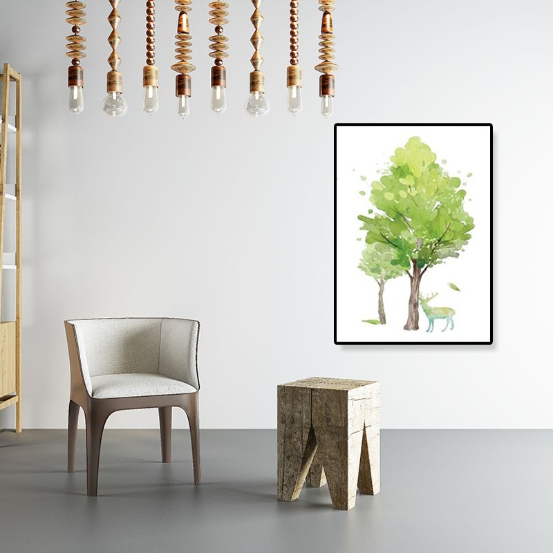 Deer Under the Trees Art Print Dining Room Animal Canvas in Green for Decoration