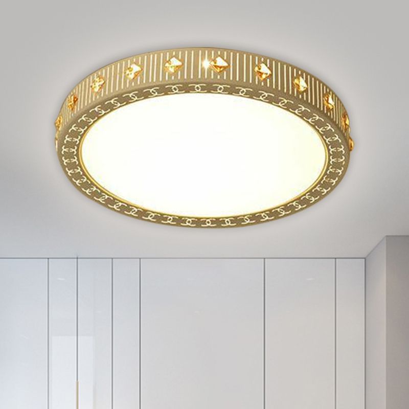 Round Flush Mount Light Fixture Minimalism Metallic LED White Ceiling Lamp with Rhombus Crystal Deco, 19.5"/23.5" W