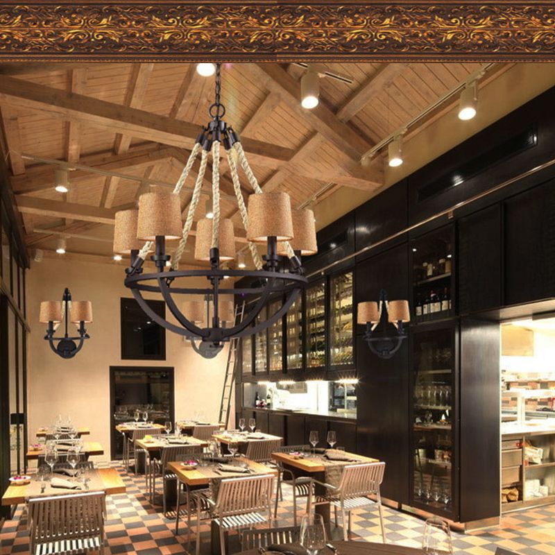 Semi-Circle Cage Bedroom Pendant Chandelier Country Metal 5 Lights Bronze Hanging Fixture with Fabric Shade