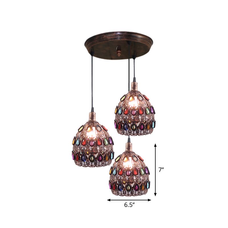 1/3-Light Dome Pendant Ceiling Fixture with Crystal Gem Bohemia Hanging Light in Weathered Copper with Round/Linear Canopy