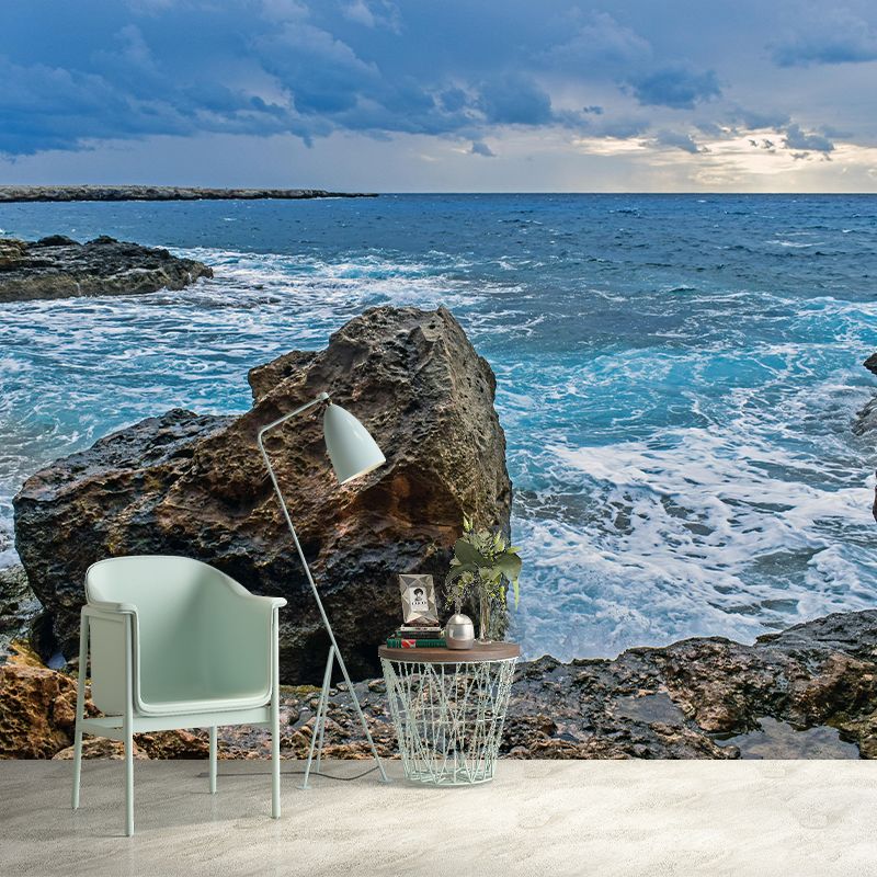 Photography Sea Mural Wallpaper for Living Room Wall Covering in Soft Color