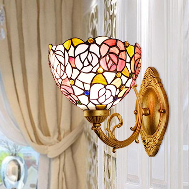 Grape/Blossom Vanity Lighting Fixture 1 Light Stained Art Glass Victorian Sconce Light in Brass for Bathroom