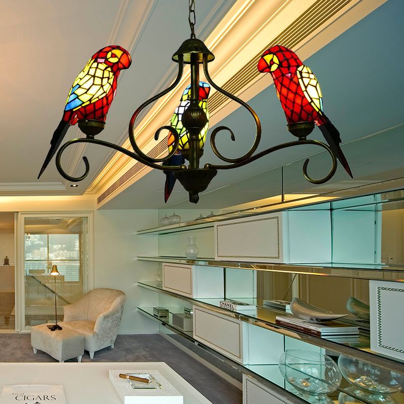 Lampadari di vetro colorati per sale da pranzo, lampada a soffitto in ottone antico con pappagallo in stile tiffany