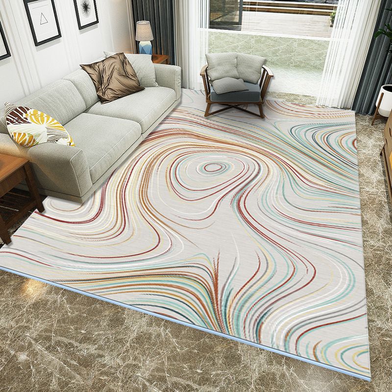 Modern Living Room Rug in Ivory and Blue Abstract Lines Print Rug Polyester Pet Friendly Area Rug