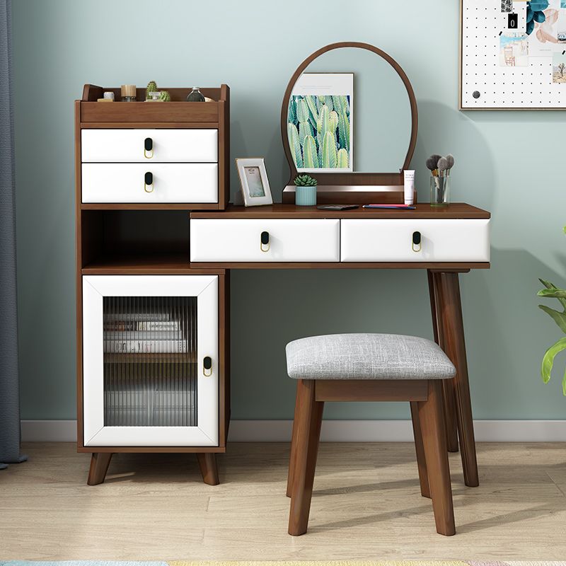 Rubberwood Vanity Set with Stool and Mirror Scandinavian 4 Drawers Dresser
