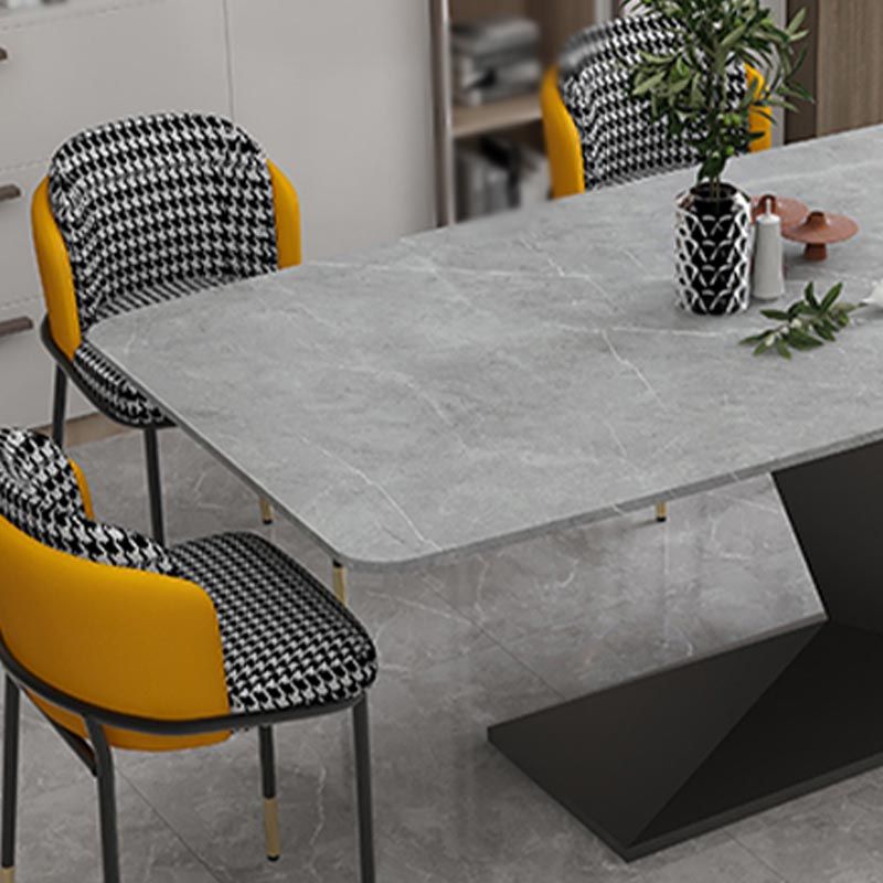 Stone Top Rectangle Dinner Table Modern Iron Pedestal Casual Dining Table