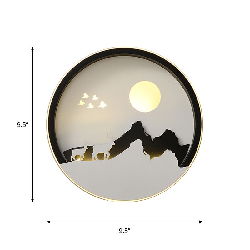 Salon rond Mur Mound Lampe acrylique LED Mur de la murale contemporain Lumière en noir avec de la montagne et du soleil motif