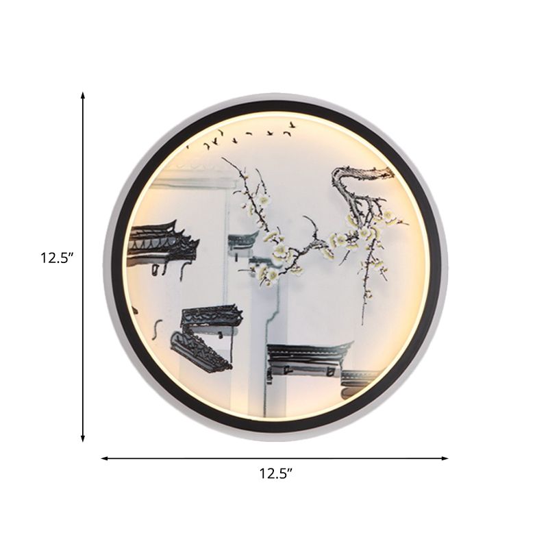 Black-White Ancient Houses Mural Light Chinois LED Tissu LED TAUSE MUR LEUR POUR SOIR