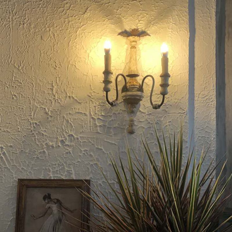 2 Bulbs Wood Wall Mount Light Traditional Distressed White Curved Arm Living Room Wall Lighting with Column Backplate