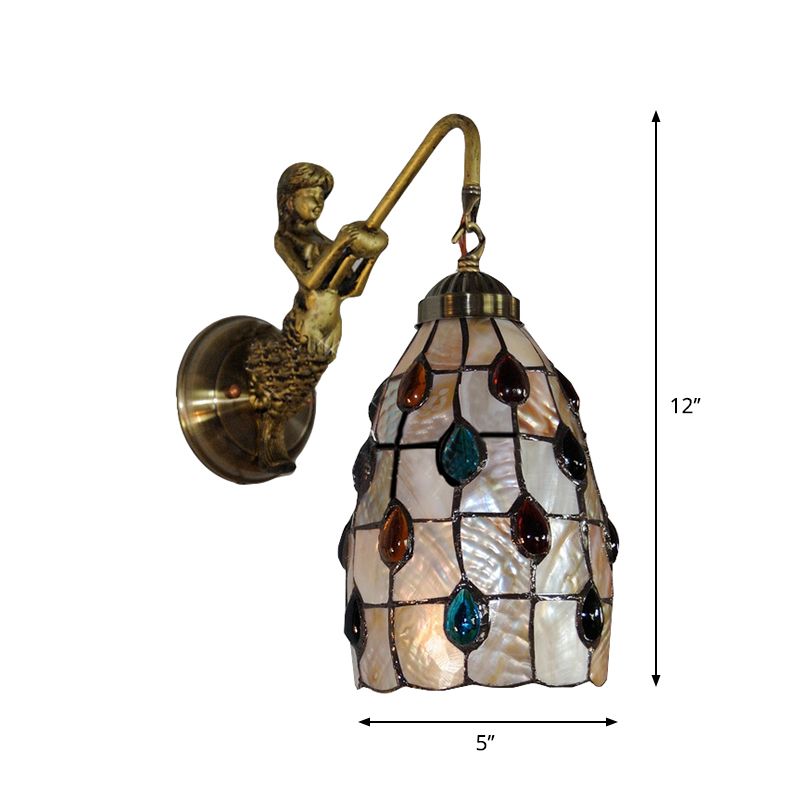 Elongated Wall Mount Light Fixture Tiffany Shell 1 Head Beige Sconce Light with Mermaid Backplate