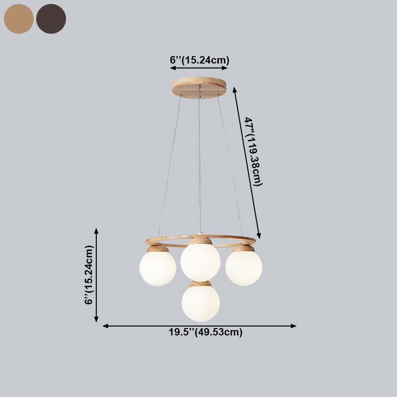 Houten cirkelvormige kroonluchter eenvoud hangend licht met bol wit glazen schaduw