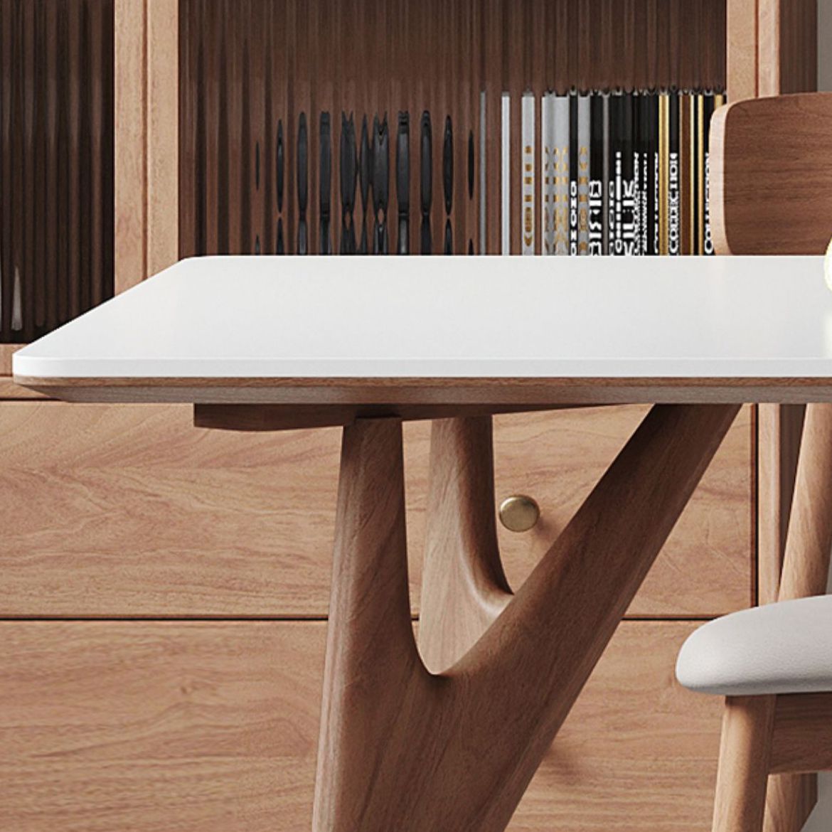 Modern Rectangular Stone Top White Dining Table with 4 Solid Wood Legs