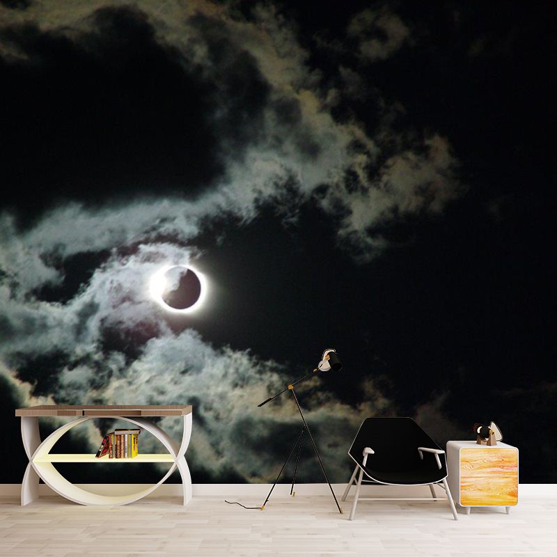 Non-Woven Washable Mural Modern Cloud and Full Moon Night Wall Decor in Black-White