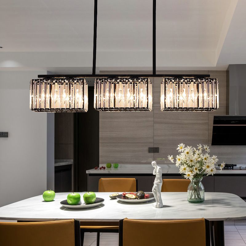 4/6/8 Heads Island Chandelier Contemporary Cuboid Shade Clear Crystal Hanging Light Fixture in Black