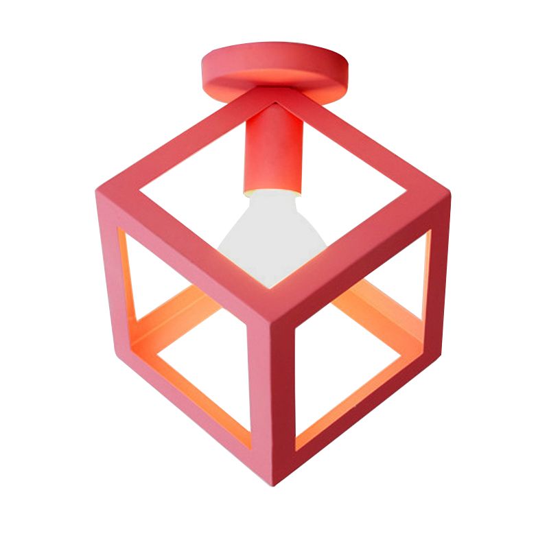 1 Light Squared Ceiling Mounted Light with Wire Guard Loft Style Black/Gray Metallic Semi-Flush Lighting for Bedroom